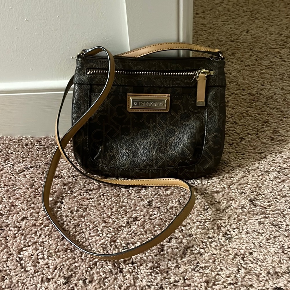 Calvin Klein Logo Brown Leather Crossbody Bag